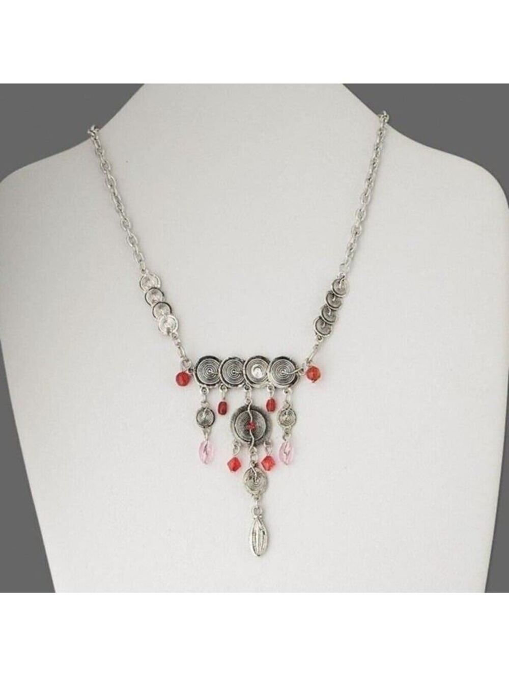 Antiqued Silver Tibetan Style Metal with Red and Pink Acrylic Charms Necklace